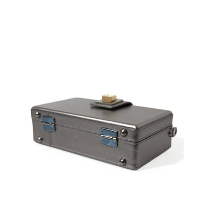 Dolce & Gabbana Steel Gray Leather Box Shape Shoulder Gold DG Logo Plaque Bag