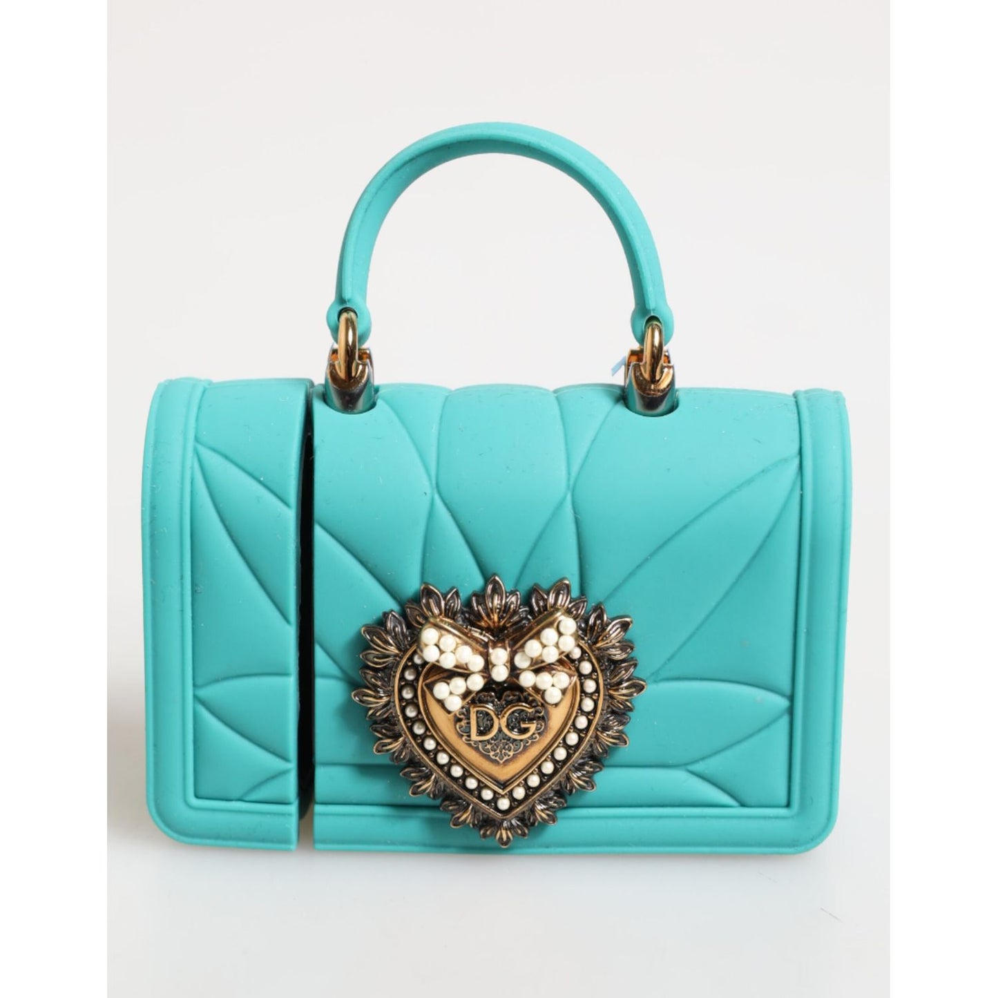 Dolce & Gabbana Turquoise Silicone Devotion Heart Cover Bag Airpods Case with quilted pattern and front logo plaque.
