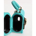 Dolce & Gabbana Turquoise Silicone Devotion Heart Cover Bag Airpods Case with quilted effect and chain strap, open view.