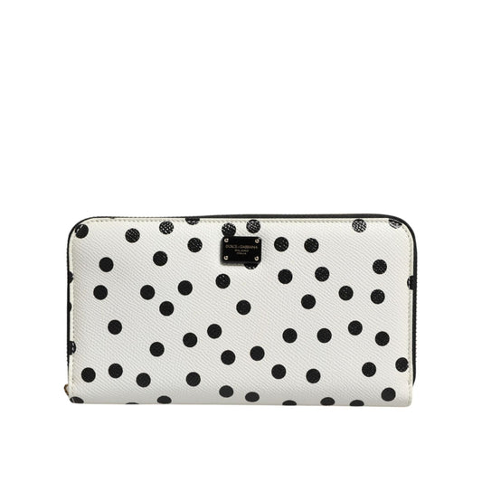 Dolce & Gabbana White Black Dotted Leather Zip Around Continental Wallet with logo and zipper, luxury calfskin material.
