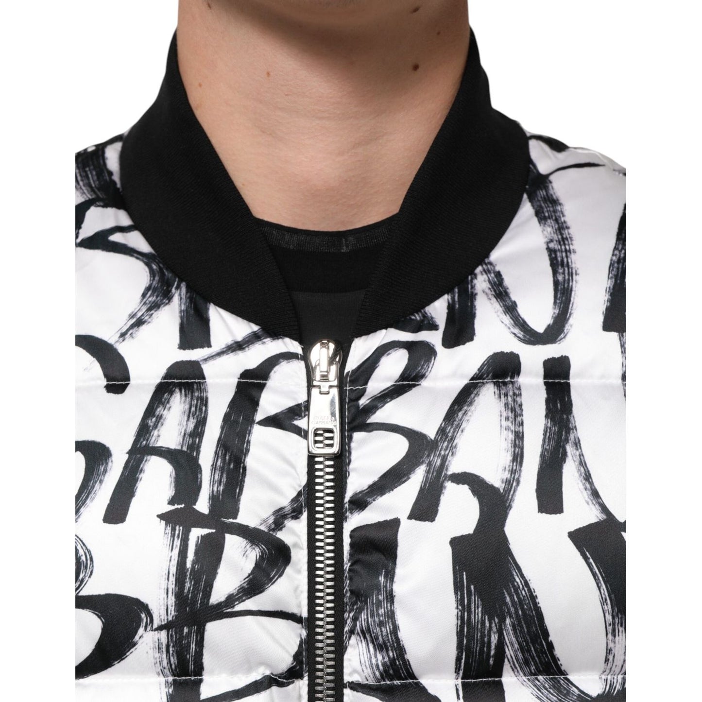 Dolce & Gabbana White Black Graffiti Logo Puffer Bomber Jacket
