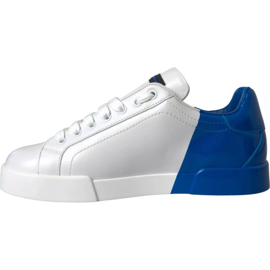 Dolce & Gabbana White Blue Logo Low Top Leather Sneakers Shoes, crafted from calfskin with rubber sole, made in Italy.