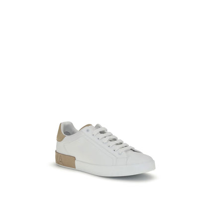 Dolce & Gabbana White Calf Leather Bos Taurus Low Top Sneakers with logo stripe on heel