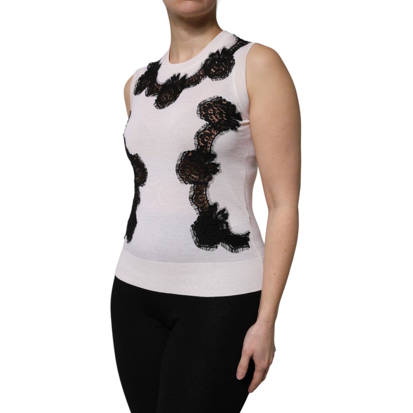 Dolce & Gabbana White Cashmere Floral Lace Detailing Tank Top