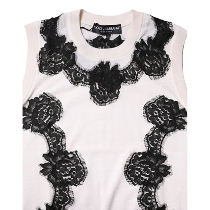 Dolce & Gabbana White Cashmere Floral Lace Detailing Tank Top