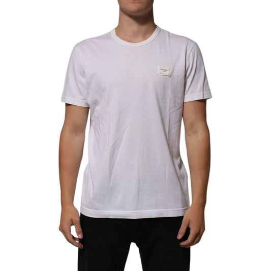 Dolce & Gabbana White Cotton Logo Patch Crew Neck Men T-shirt, featuring short sleeves and chest logo, shown on a model