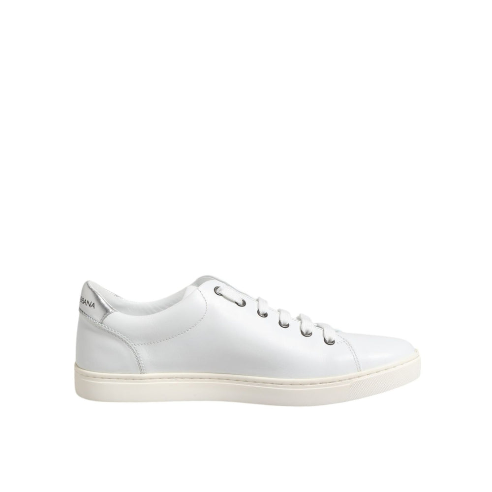 Dolce & Gabbana White Crown Bee Leather Low Top Sneakers Shoes crafted from high-quality leather with logo details, side view.