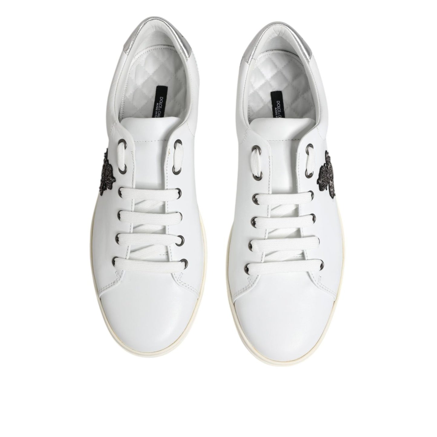 Dolce & Gabbana White Crown Bee Leather Low Top Sneakers Shoes made of calf leather and lambskin with rubber sole and lace-up closure.