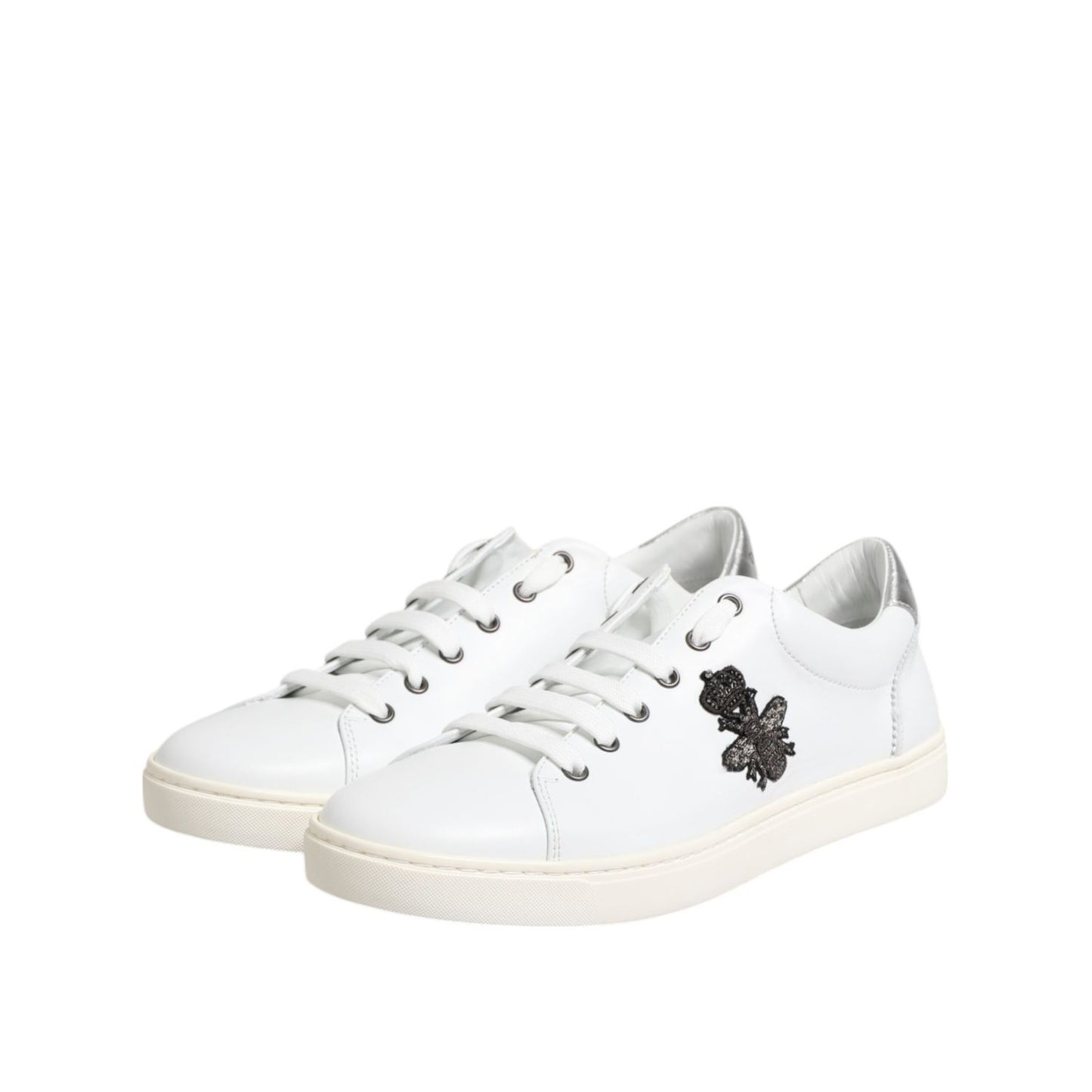 Dolce & Gabbana White Crown Bee Leather Low Top Sneakers Shoes with lace-up closure and rubber sole, exclusive Italian craftsmanship.