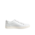 Dolce & Gabbana White Crown Bee Leather Low Top Sneakers Shoes, crafted in Italy with calf leather and rubber sole, side view.