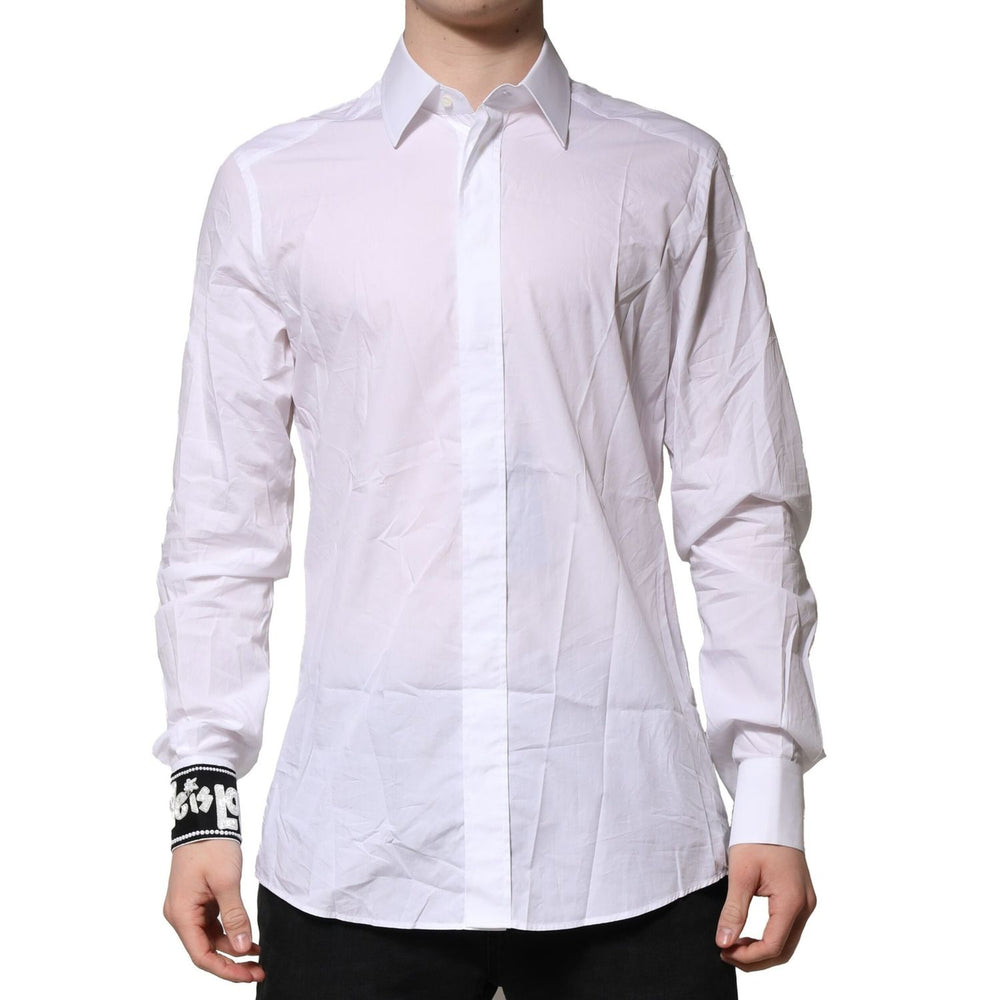 Dolce & Gabbana White GOLD Cotton Men Dress Formal Shirt with classic neck and button closure, slim fit, long sleeves.