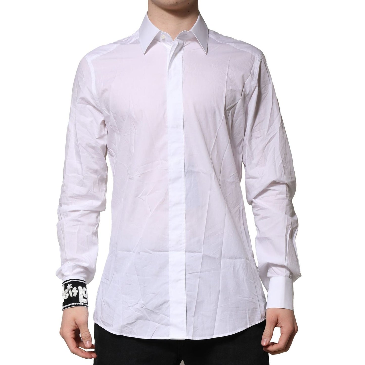 Dolce & Gabbana White GOLD Cotton Men Dress Formal Shirt with classic neck, long sleeves, slim fit, and button closure, made in Italy.