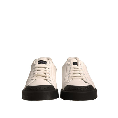 Dolce & Gabbana White Leather Logo Portofino Sneakers Shoes with black rubber sole, featuring lace-up closure, made in Italy.