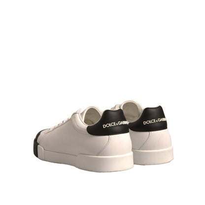 Dolce & Gabbana White Leather Logo Portofino Sneakers Shoes back view with black heel logo detail.