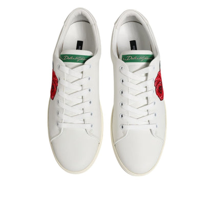 Dolce & Gabbana White Leather Rose Embroidery Low-Top Shoes