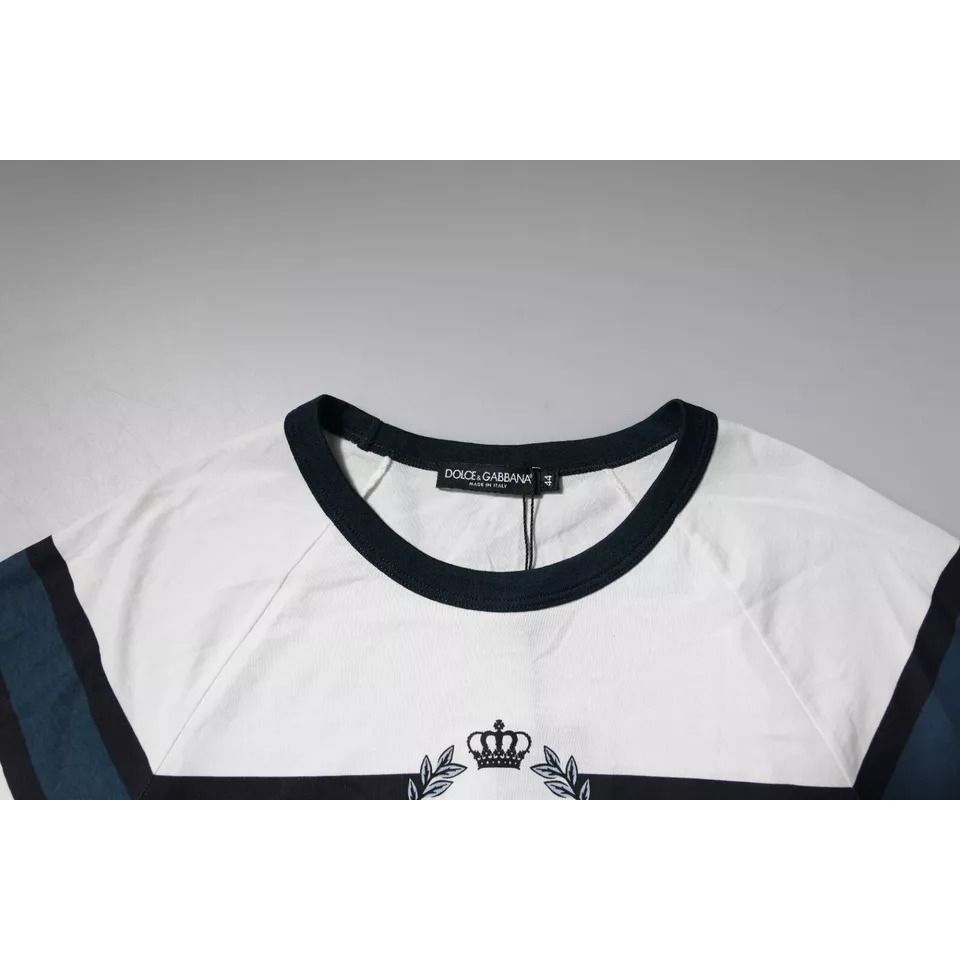 Dolce & Gabbana White Logo Print Cotton Men Crew Neck T-shirt featuring a black collar detail and stylish logo design.