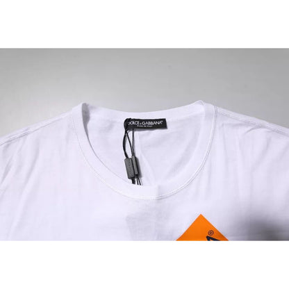 Dolce & Gabbana White Logo Tape Cotton Crew Neck T-shirt close-up on label and neckline.