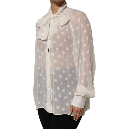Dolce & Gabbana White Polka Sheer Silk Bow Tie Shirt Blouse Top