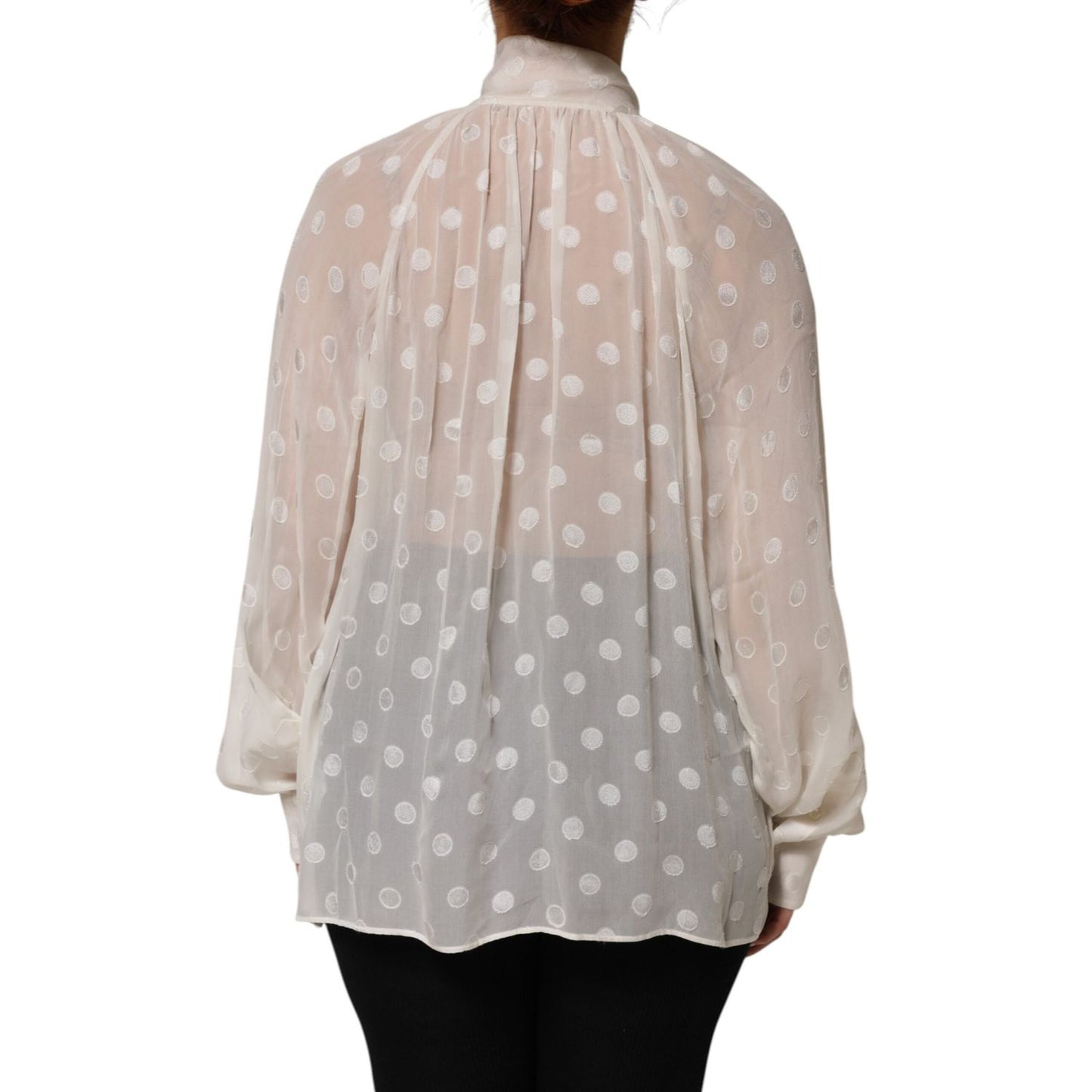 Dolce & Gabbana White Polka Sheer Silk Bow Tie Shirt Blouse Top viewed from the back
