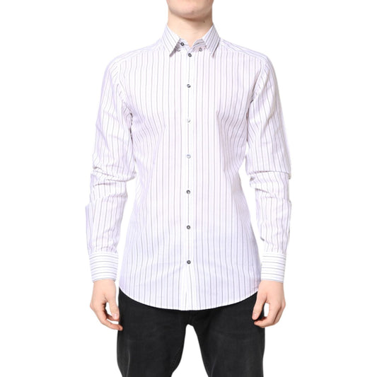 Dolce & Gabbana White Stripes Cotton GOLD Formal Dress Shirt with long sleeves and button-down closure, made in Italy.