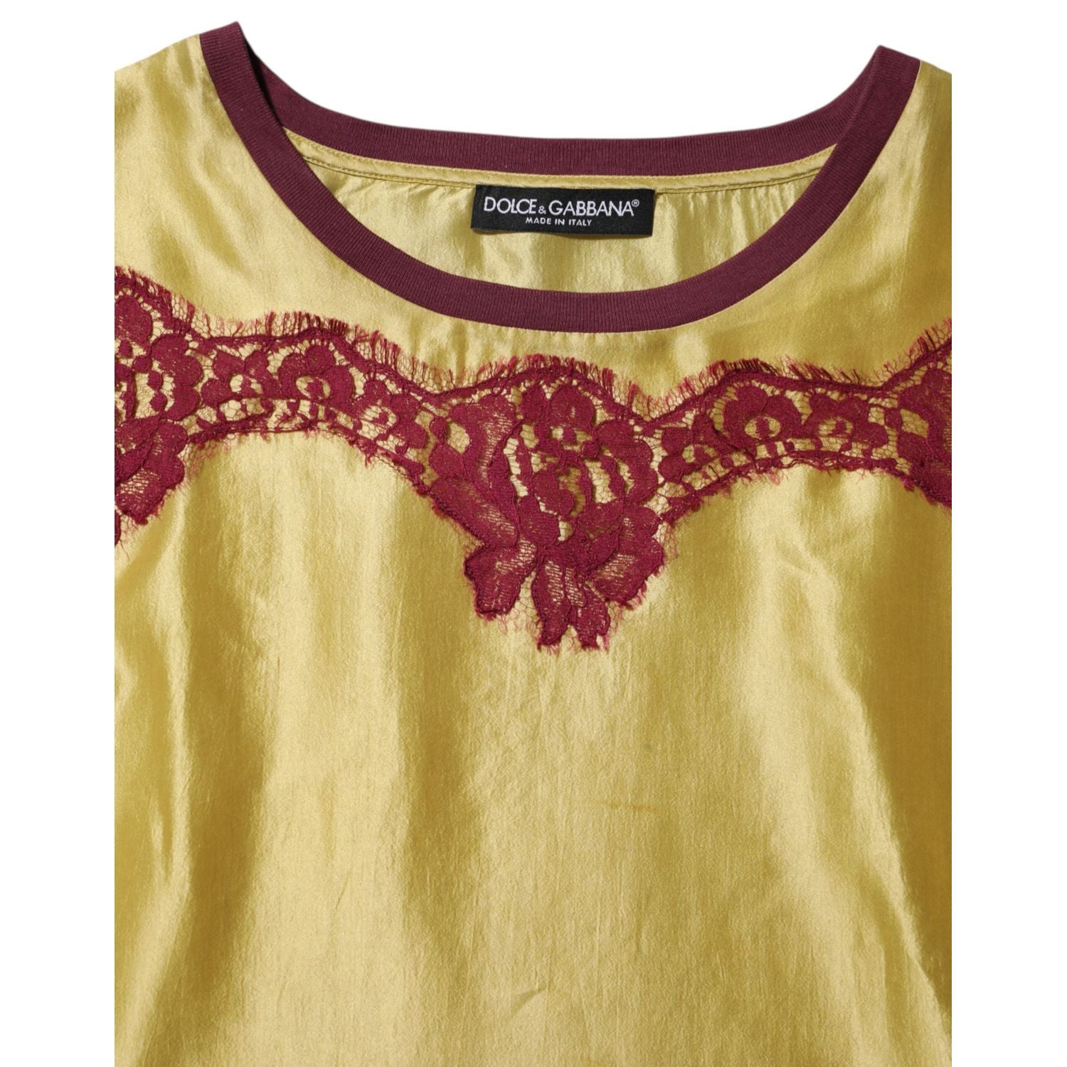 Dolce & Gabbana Yellow Silk Satin Floral Lace Short Sleeves Top