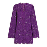 Dolce & Gabbana bell sleeves Lace mini dress in amethyst purple with rear zip, crew neck, and front tie fastening.