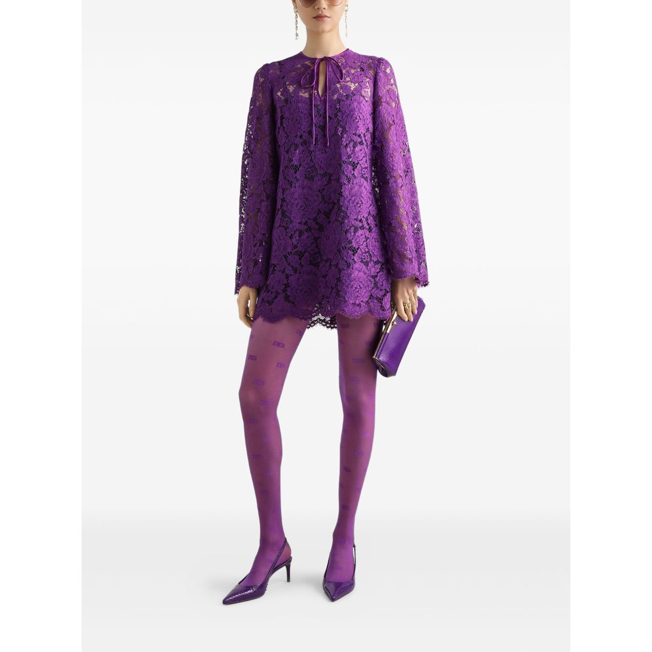 Dolce & Gabbana bell sleeves Lace mini dress in amethyst purple with crew neck and front tie fastening, perfect for elegant occasions.