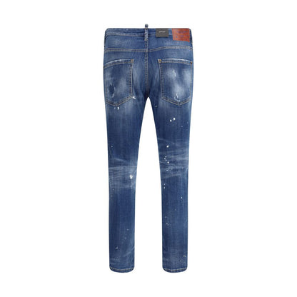 Dsquared² Blue Cotton Slim Fit Jeans, back view with worn-effect finish, distinctive logo patch, and urban aesthetic, AW25.