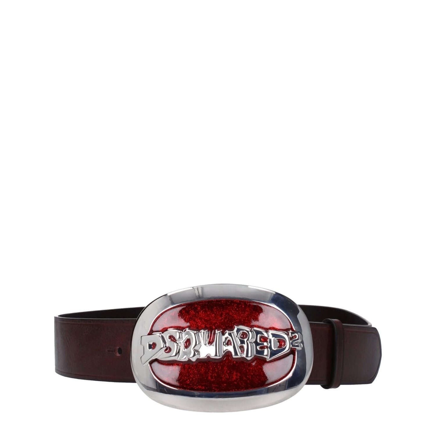 Dsquared² Brown Leather Regular Belt with vintage effect, silver and red front logo, and hook closure style.