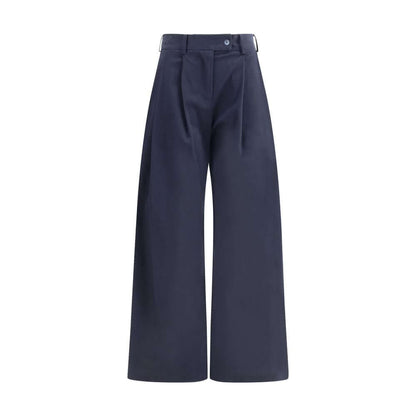 Ella Blue Cotton Casual Pants with wide leg and pleats, featuring front zip, button closure, belt loops, and side welt pockets.