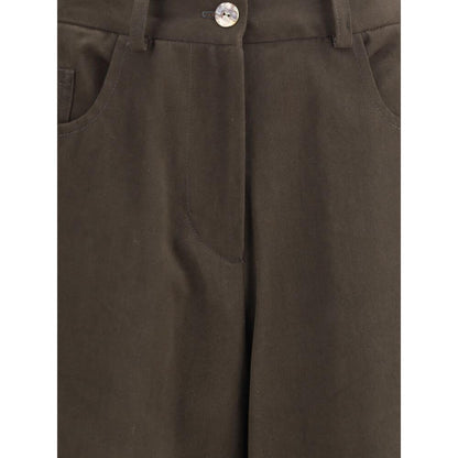 Close-up of Ella Brown Cotton Casual Pants featuring five-pocket styling and classic button and zip closure, made of 97% cotton, 3% elastane.
