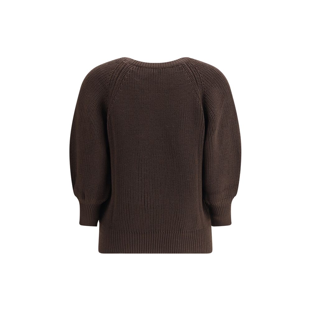 Back view of Ella Brown Merino Wool Sweatshirt featuring a chunky knit design with ribbed cuffs and hem.