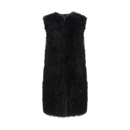 Black faux fur sleeveless vest with front closure on white background