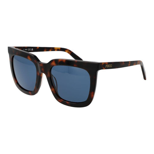 Emilio Pucci Brown Women Sunglass with blue lenses, full-rim acetate frame, rectangle style, UV protection, branded case included.