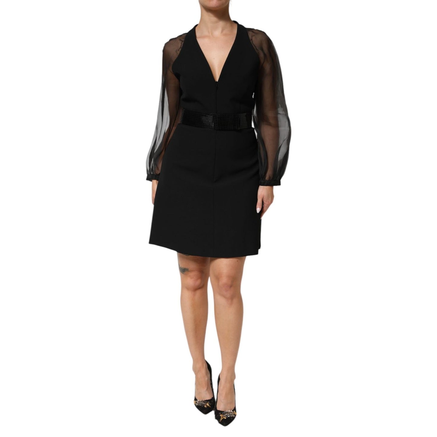Emporio Armani Black Sheer Sleeve Belted V-Neck Mini Dress with long sleeves and deep neckline