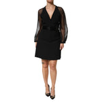 Emporio Armani Black Sheer Sleeve Belted V-Neck Mini Dress with long sleeves and deep neckline