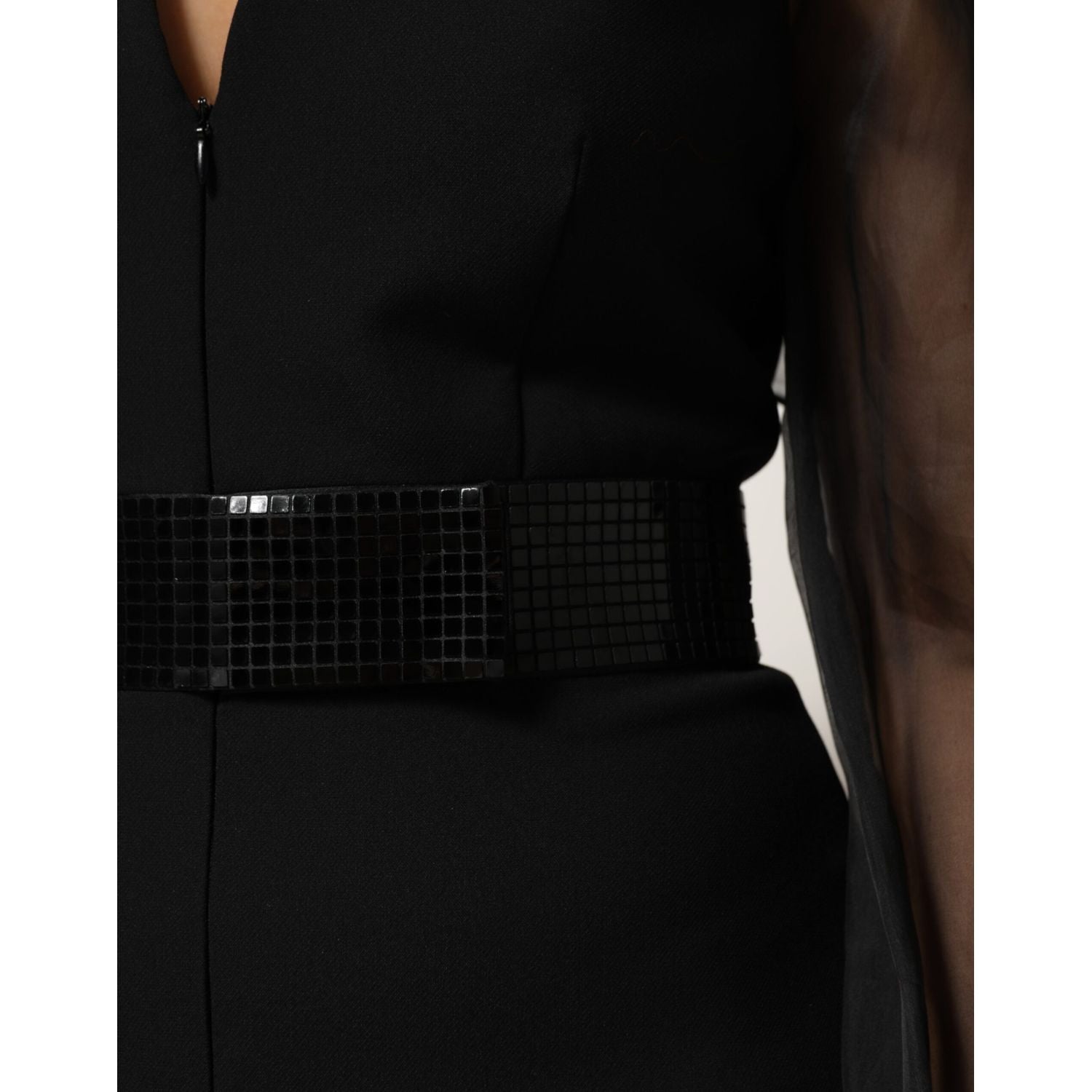 Emporio Armani Black Sheer Sleeve Belted V-Neck Mini Dress