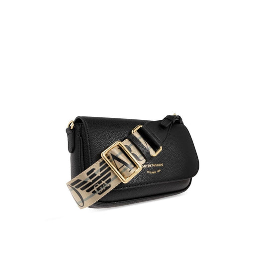 Emporio Armani Crossbody mini bag in black with gold logo, logo-print adjustable strap, gold-tone hardware, and magnetic fastening.