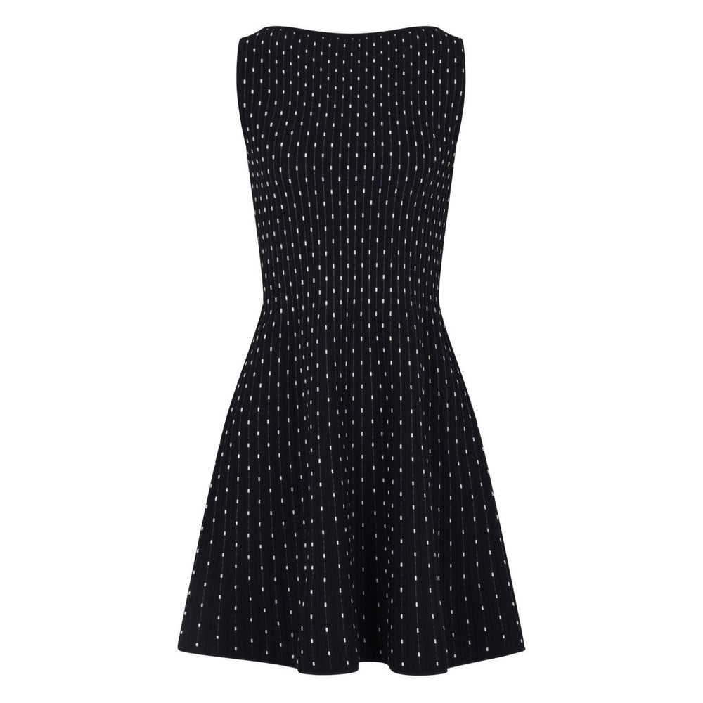 Emporio Armani Dresses Blue, navy blue sleeveless boat neck flared dotted short dress.