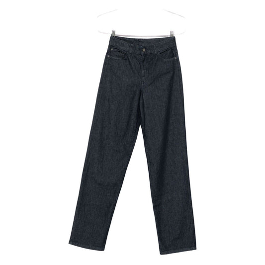 Emporio Armani Jeans Blue embroidered logo, classic five-pocket style, button fastening and zip fly, straight wide-leg denim jeans.