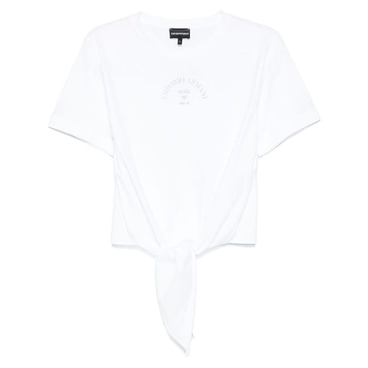 Emporio Armani Logo Print T-Shirt in white, featuring a crew neck, short sleeves, and straight hem, perfect summer cotton tee.