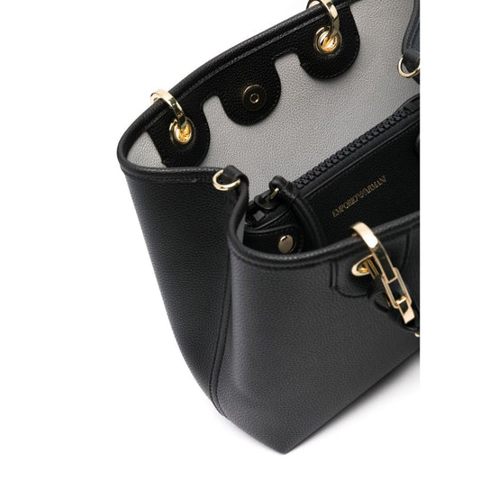 Emporio Armani MyEA small shopping bag in black faux leather with grained texture and gold-tone hardware