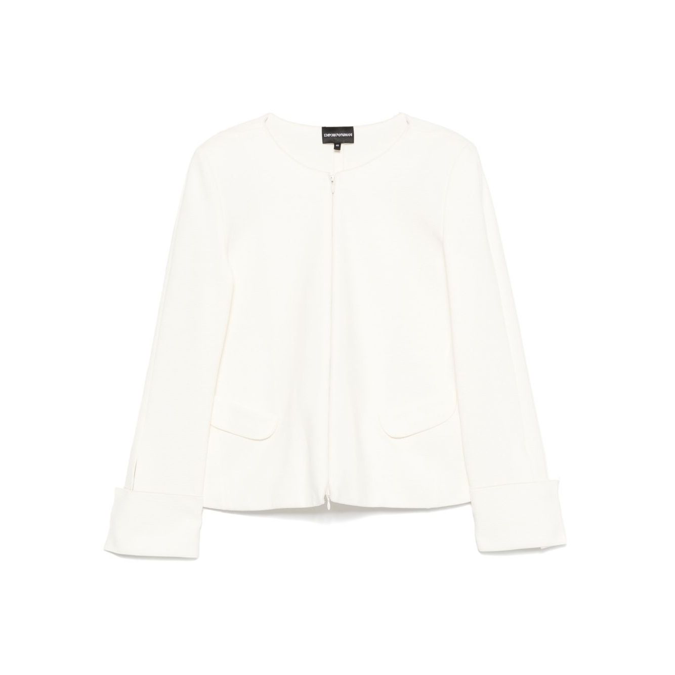 Emporio Armani Ottoman-jersey jacket in white with two-way zip, shoulder pads, side pockets, and press-stud cuffs, cotton blazer.