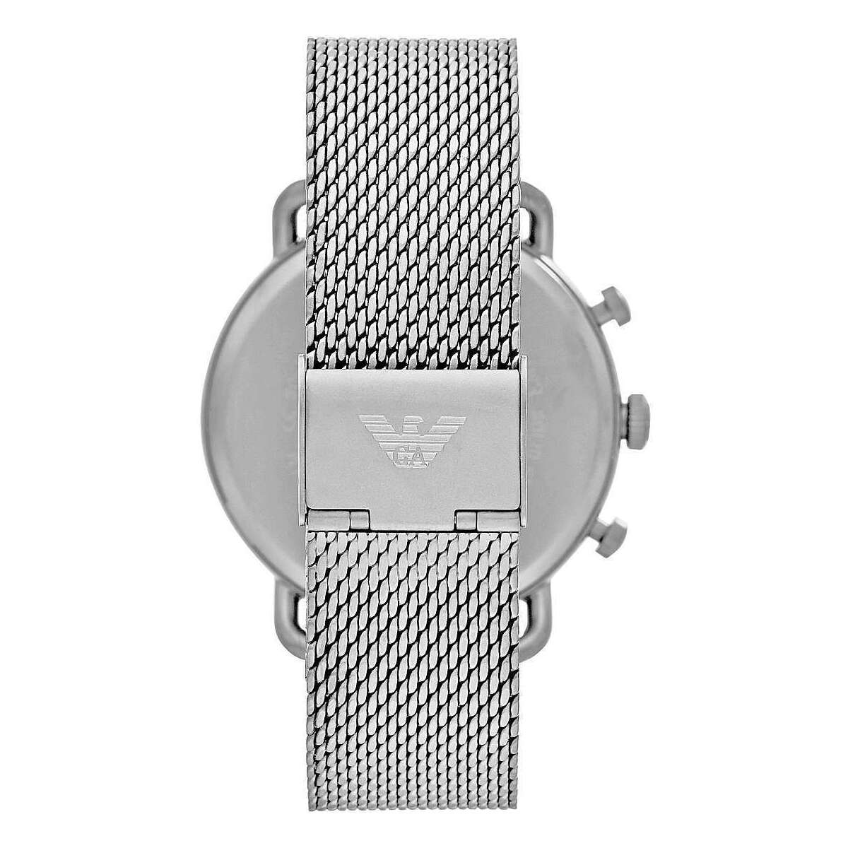 Back view of Emporio Armani Sophisticated Silver Steel Chronograph Watch showcasing the mesh bracelet and clasp.