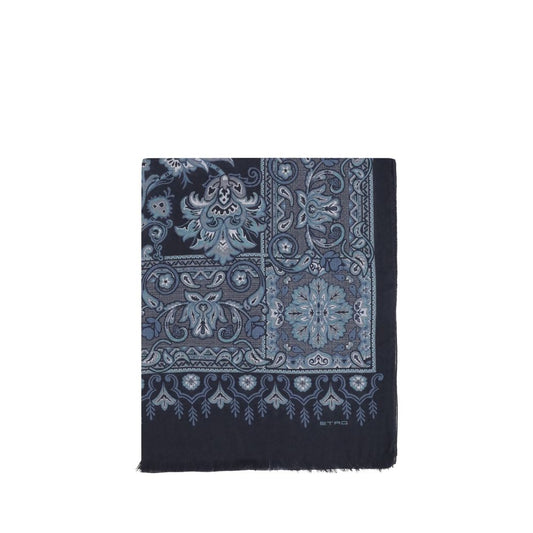 Etro Blue Modal Scarf with floral and geometric patterns, frayed edges, and embroidered logo. Made from jacquard cotton blend. Size 180x180.