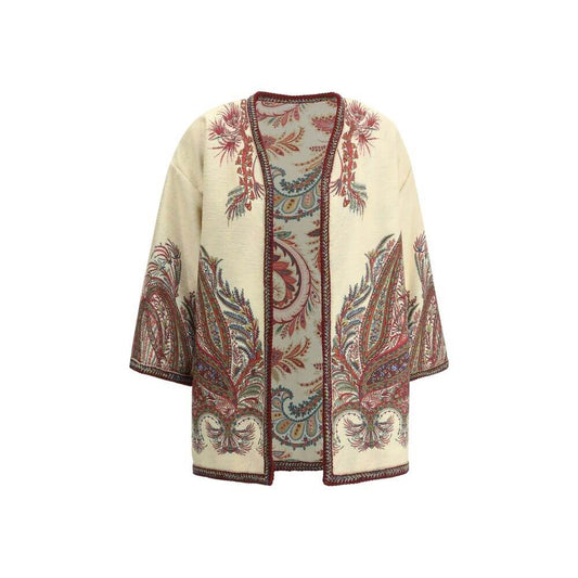 Etro Multicolor Polyester Cloacks - Bouclé fabric jacket with Paisley motif, braided trimmings, kimono sleeves, boho-chic elegance.