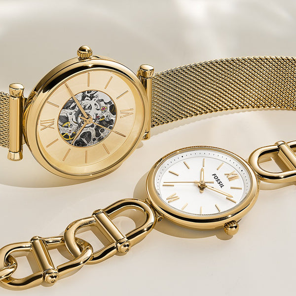 FOSSIL Mod. ES5272 gold ladies wristwatch with quartz movement, 5 ATM water resistance, included in official box.