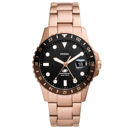 FOSSIL Mod. FS6027 wristwatch, rose gold stainless steel, 42mm case, quartz movement, water-resistant, black dial with date function.