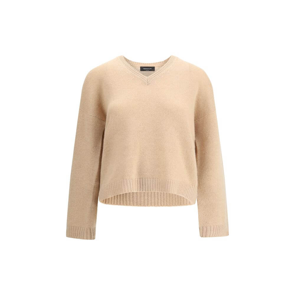 Fabiana Filippi Beige Cashmere Cashmere Sweater with ribbed V-neck and hem, offering elegance and comfort, AW25 season, 100% Kashmir.