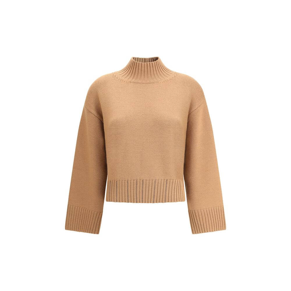 Fabiana Filippi Beige Fleece Wool Sweatshirt with ribbed high neck, cuffs, and hem for a refined look, ideal for AW25
